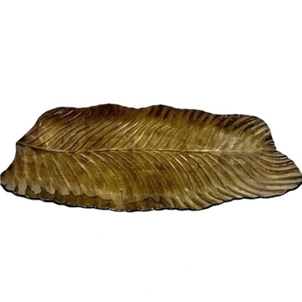 Handcrafted XLarge Metallic Gold Glass Leaf Serving Catering Platter Unique Rare